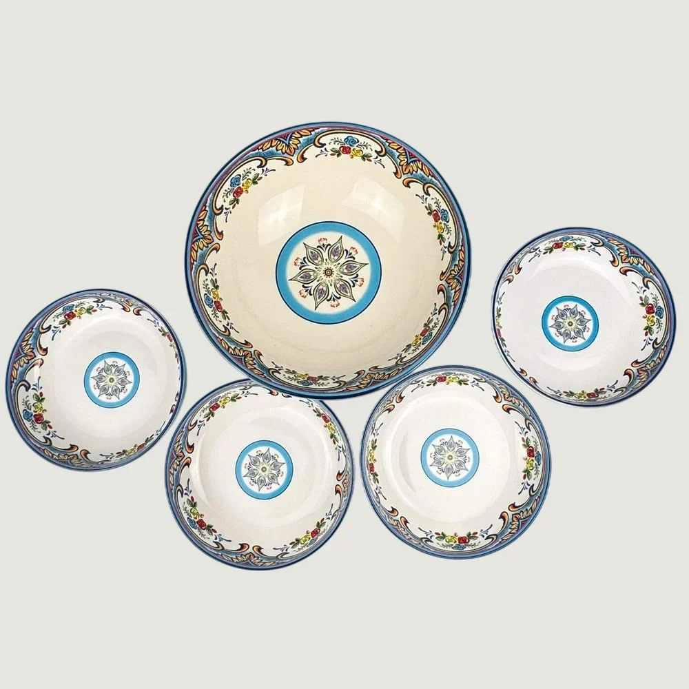 Euro Ceramica Zanzibar 5 Piece Pasta Bowl Set Blue Floral Spanish Design Ceramic